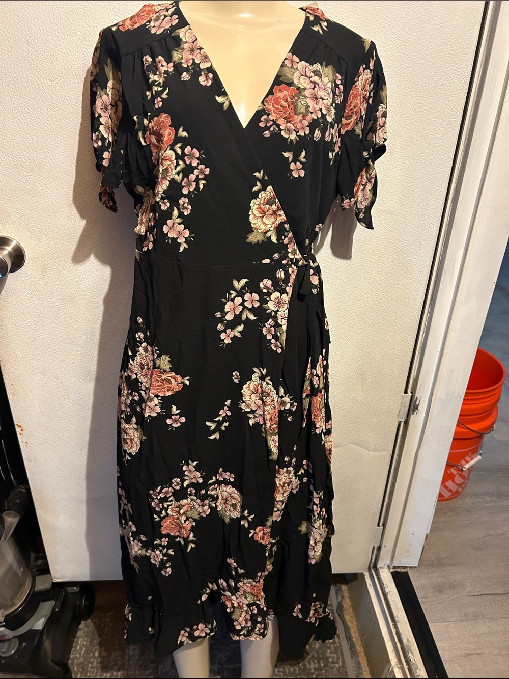 Blue Rain Black Floral Wrap Midi Dress